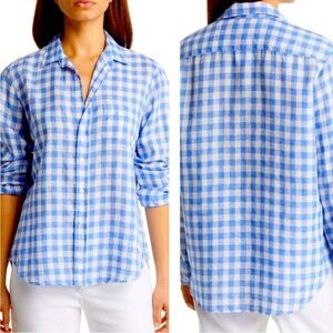 Frank & Eileen Barry 100% Linen Button Up Shirt In Blue Check Fitted Cut SZ S